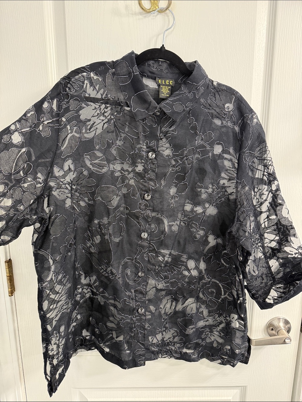 ELLC Black Floral Button-Front Sheer Mesh 3/4 Sleeve Blouse-Dark Romance Goth
